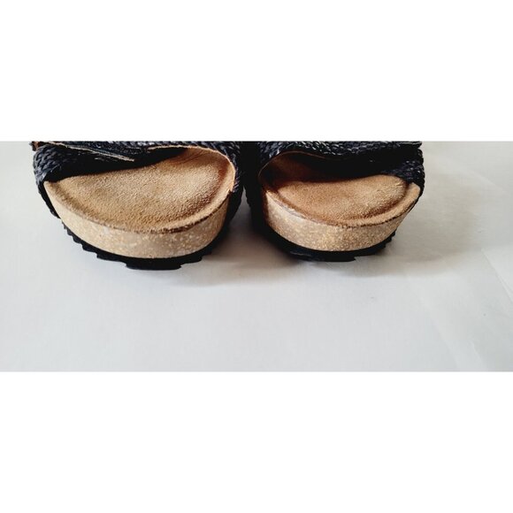 Taos Trulie Black EU 38 US 7.5 Leather Sandals Woven Strappy Wedge 2.5" - Picture 7 of 11